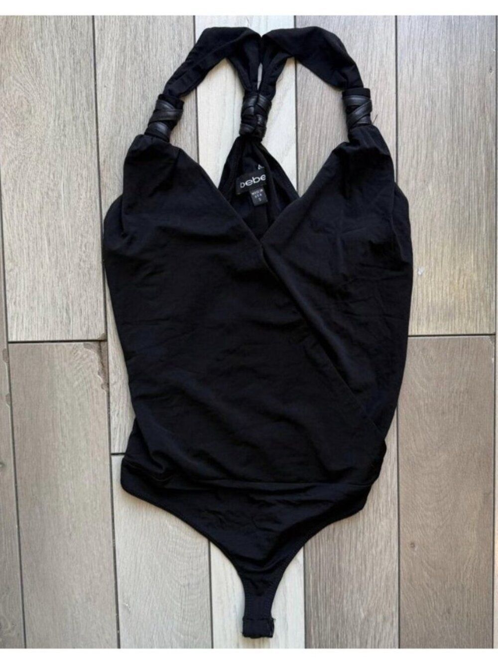 Bebe Y2K Solid Black Faux Leather Strap V Neck Tank Bodysuit Small